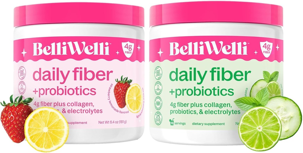Belli Welli Daily Fiber Supplement Duo - Jagodna limonada & Cucumber Lime Mint - s kolagenom, probiotiki in elektroliti - osvežilne arome za uravnoteženo dobro počutje - 32 Total Servings