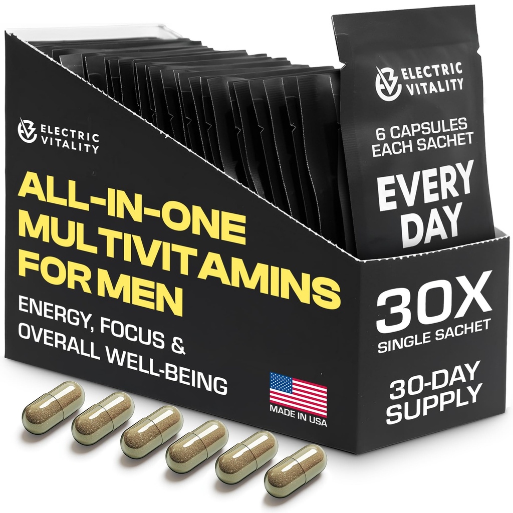 Multivitamini za moške - vse v enem paketu za energijo in fokus, Mens Vitamini za duševno zmogljivost in zdravje, pakirani s Tongkat Ali, Shilijit, Vitamin C, B3, B1, A, B12, 30 Pk