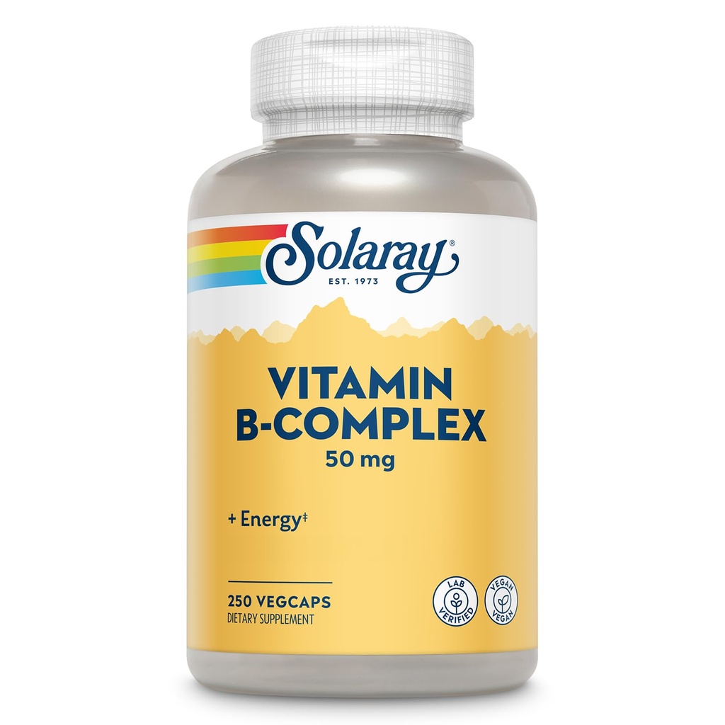 SOLARAY Vitamin B Complex 50 mg - Vitamini celične energije - Presnovna in živčna zdravstvena podpora z vitaminom B12, vitamin B1, B6, niacin, folna kislina, biotin in drugi vitamini B - Vegan, 250 VegCaps