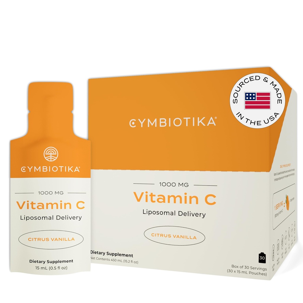 CYMBIOTIKA Vitamin C Individualni paketi, Liposomna dostava, dodatek za podporo imunskemu sistemu, kolagen, in zdravo staranje, kožni hidracijski paketi, citrus vanilija aroma, 30 število
