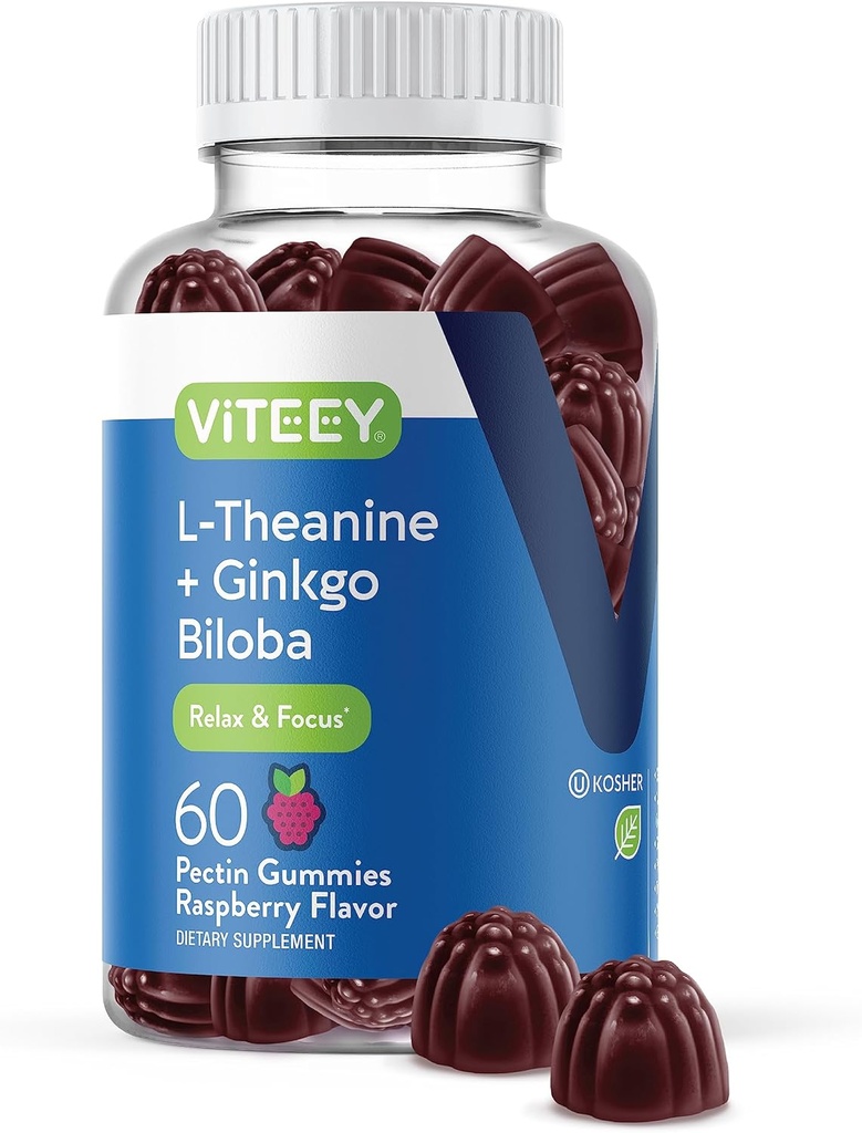 Viteey L-Theanine Gumies z Ginkgo Biloba za odrasle - Aids in Focus & Relax, Izboljšati Mood - Non GSO, želatina brezplačno, Vegan, Gluten brezplačno, naravno pridobljena žvečljiva Okusna malina okusno Gummy