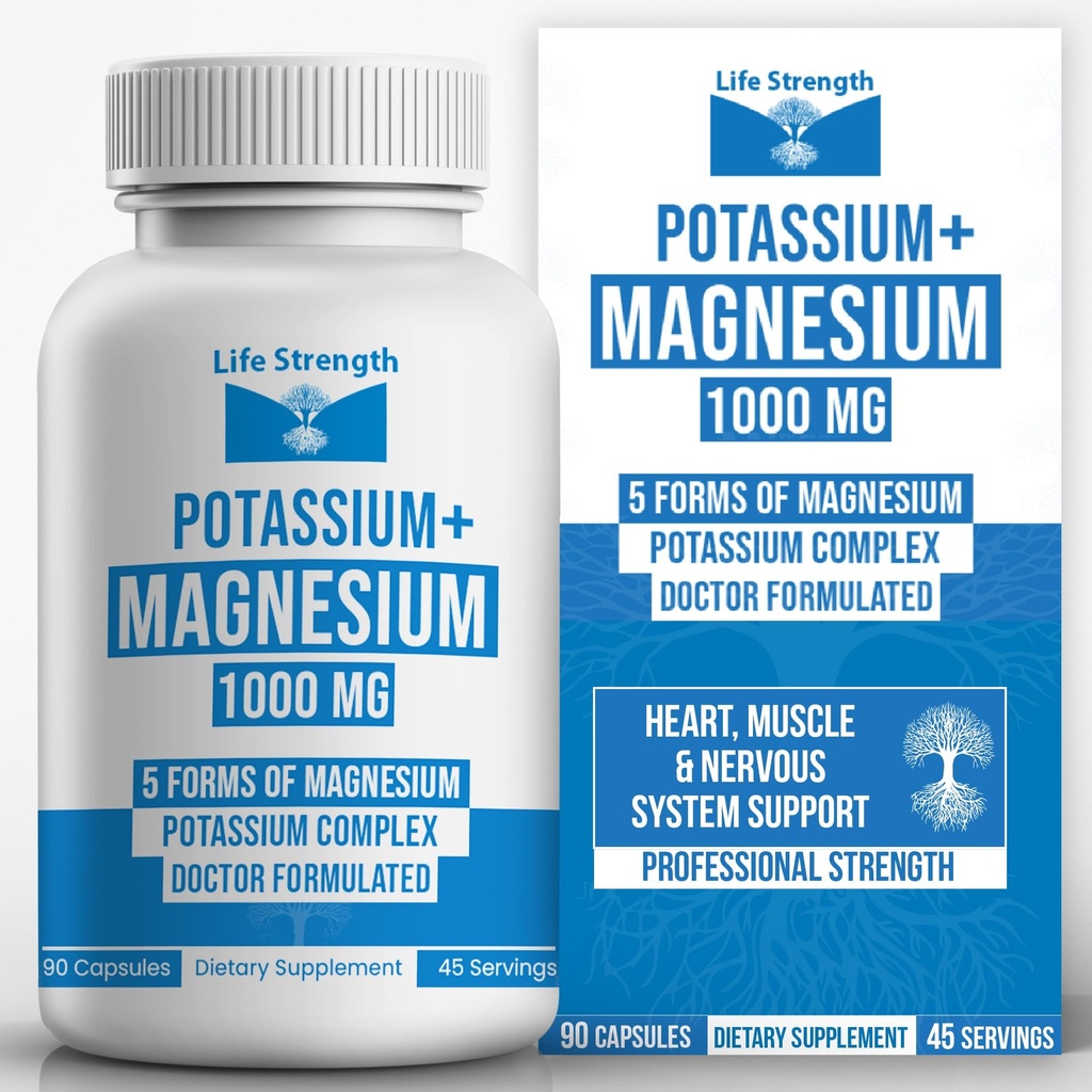 Življenjska moč Kalij & Magnezij Kompleks z aspartatom, oksidom, glicinatom, glukonatom in citratom - 1000mg (90 kapsul) Zdravniki zasnovan in po meri