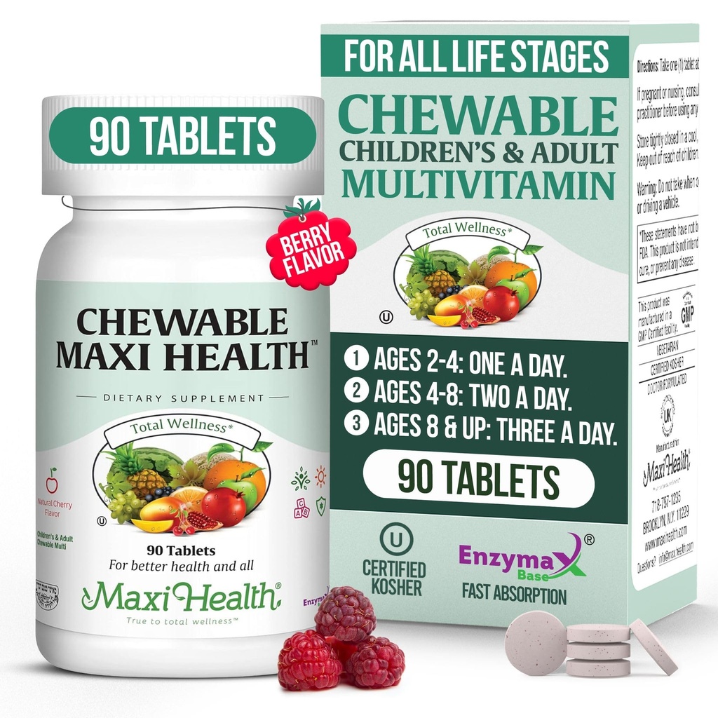 Maxi Health Žvečljivi multivitamin za otroke, najstnike in odrasle - češnjevi žvečljivi vitamini za odrasle in otroke - Kosher otroci multivitamin + železo (90 tablet)