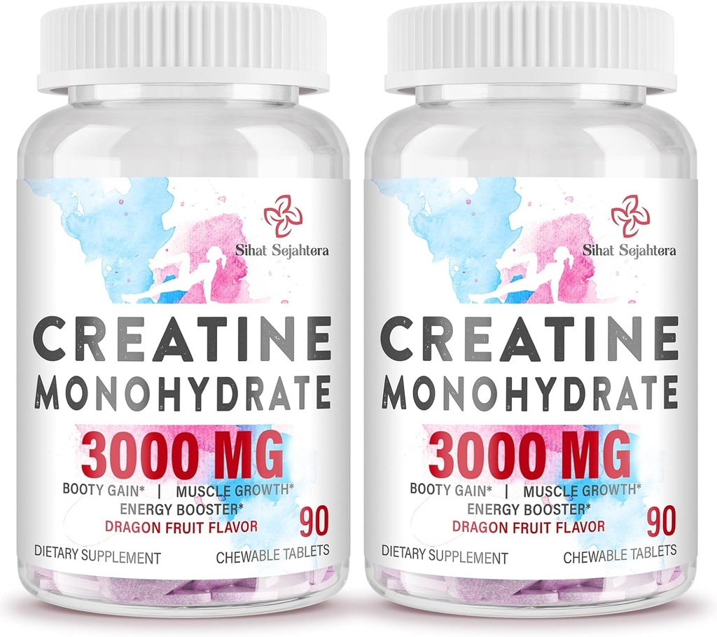 3000 MG Kreatin monohidrat za ženske in moške, Kreatin tablete z BCAA in hidroliziranimi kolagenskimi žvečilnimi kamni Tablete za zmogljivost in okrevanje, moč, aroma zmajevega sadja, 180 tablet