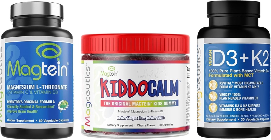 Magnezijev L-treonat 60 kapsul, Magcevtik KIDDOCALM Gumiji za otroke 90 kapsul, vitamin D3 K2 z MCT 30 kapsul - paket