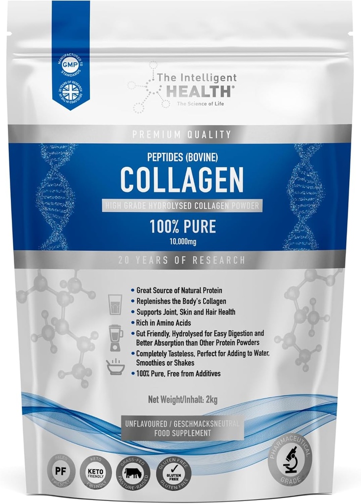 Inteligentno zdravje Hidrolizirano Kolagen Peptides Powder, Grass Fed, visoke beljakovine, Nearomaden, Gluten-free, Paleo & Keto Prijazno, 10g na Serving (2kg) Podpira kožo, lase, nohte, sklepe, & kosti