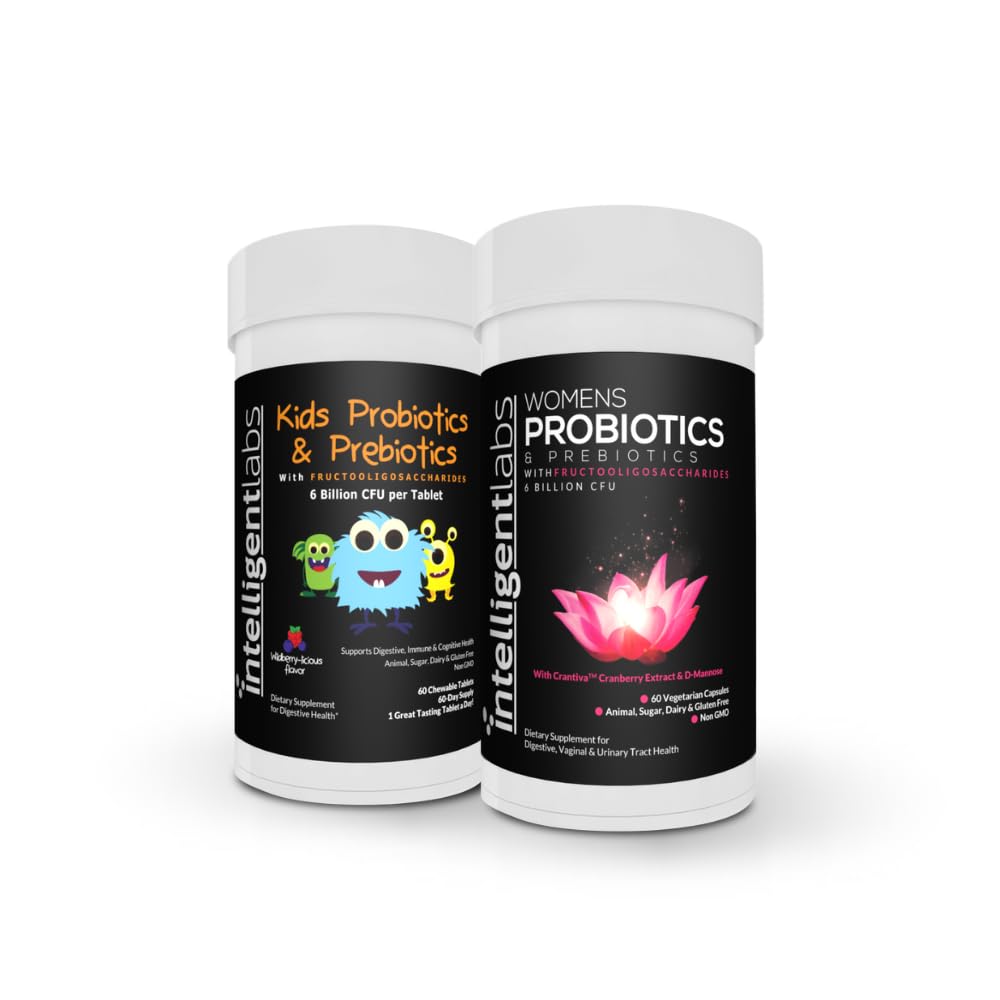 Inteligentni laboratoriji 2-v-1 paket otroških probiotikov s sončnimi vlakni in FOS + ženskimi probiotiki (UTI Formula z brusnico in D-mannozo), Ni zahtevano hlajenje, 2 meseca dobave na steklenico