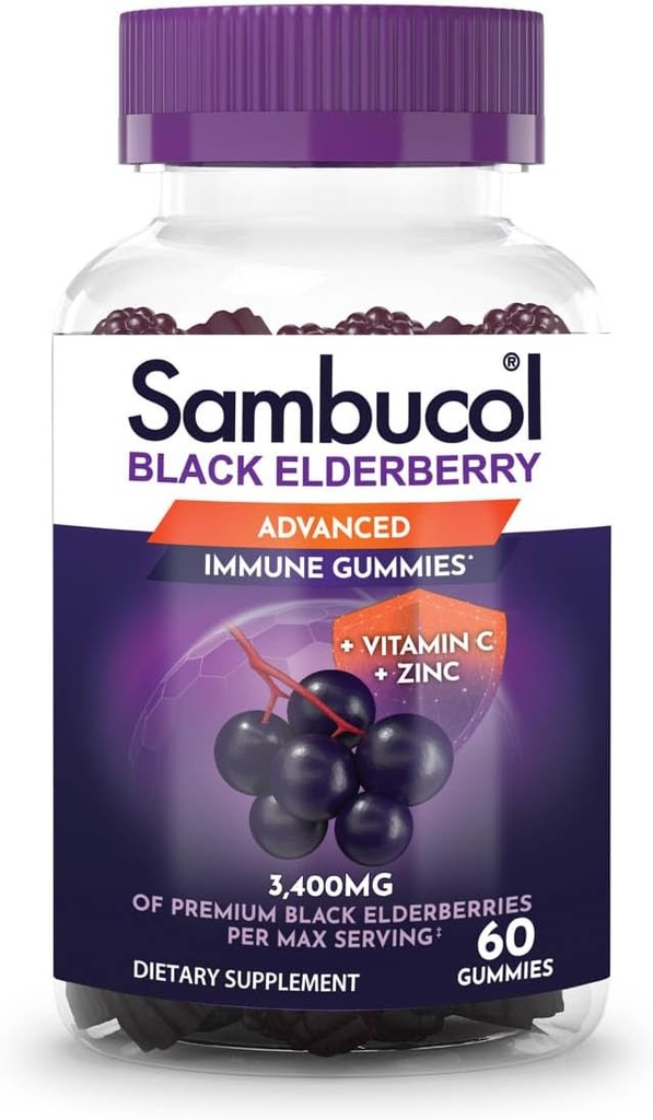 Sambucol Črna Bezgove jagode - Bezgove jagode z cinkom in vitaminom C za odrasle, Sambucus Gumies, Imunska podpora - 60 Count