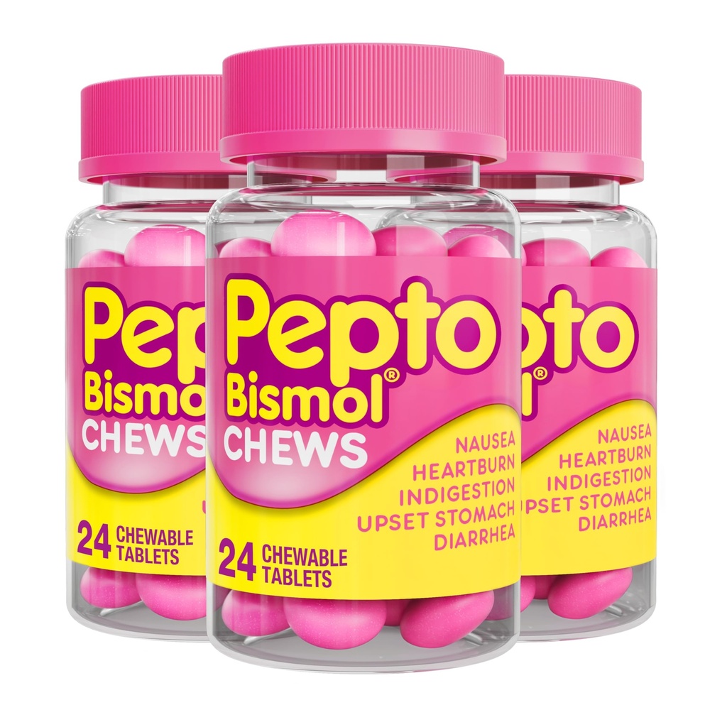 Pepto Bismol Chews, hitro in učinkovito prebavne olajšave zaradi slabosti, zgage, prebavne motnje, vznemirjene želodčne težave, driska, 72 skupaj (3 pakiranja po 24)