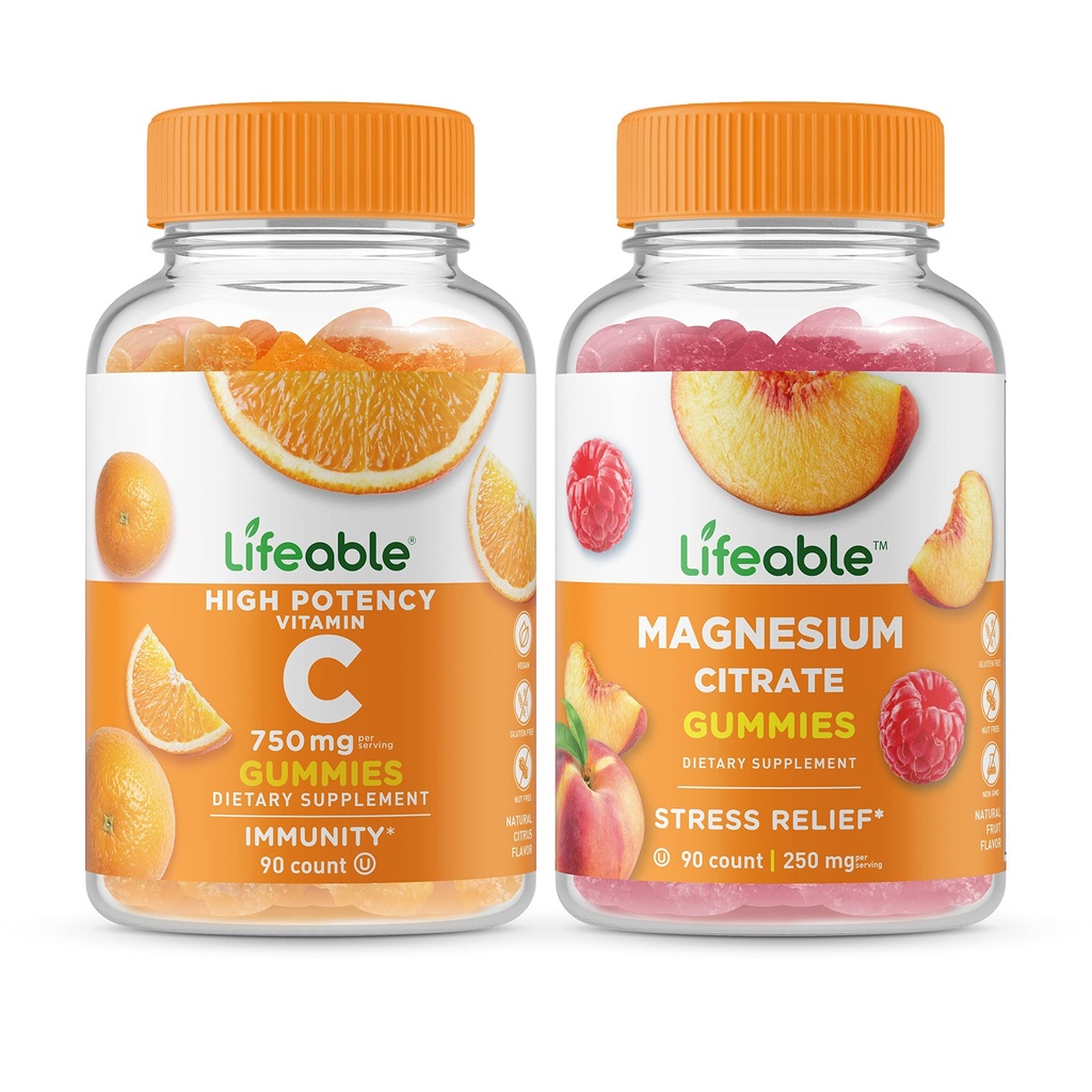 Življenjski Vitamin C 750mg + Magnezij 85mg, Gummies Bundle - odličen okus, Vitamin dodatek, Gluten brezplačno, GSO brezplačno, Žvečljivi gumi