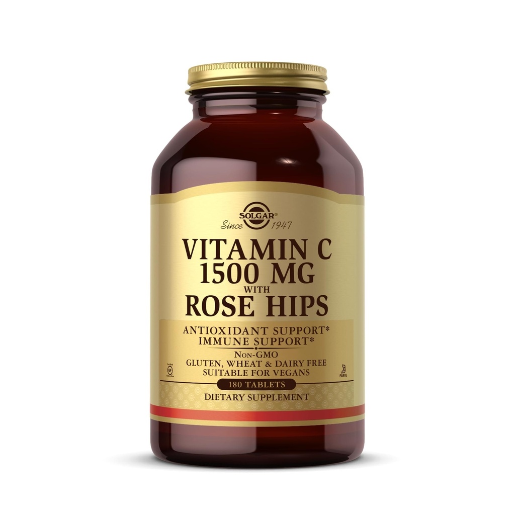Solgar Vitamin C 1500 mg z Rose Hips, 180 Tablete - Antioksidant in imunske podpore - Splošno zdravje - Podpira zdrave kože in sklepov - Ne GSO, Vegan, Gluten Free, Dairy Free, Kosher - 180 Služabniki