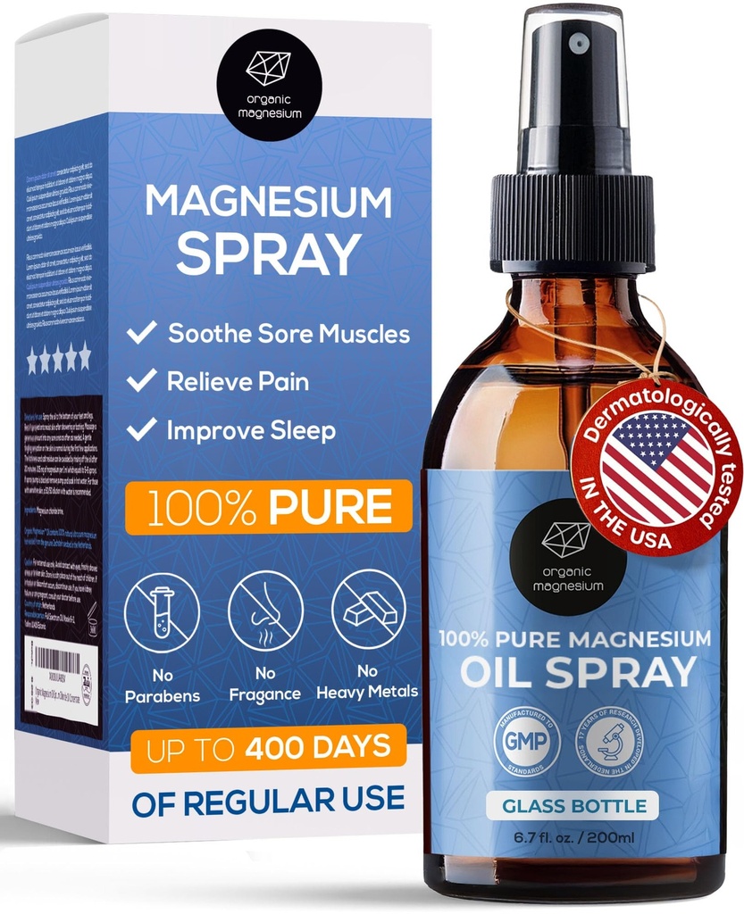 Organic Organic Magnezijev Spray Oil za noge, spanje in boleče mišice – 100% Pure Ancient Zechstein Mg Klorid, Topična formula za naravno sprostitev, masažo telesa, Cramps Leg & Workout Relief
