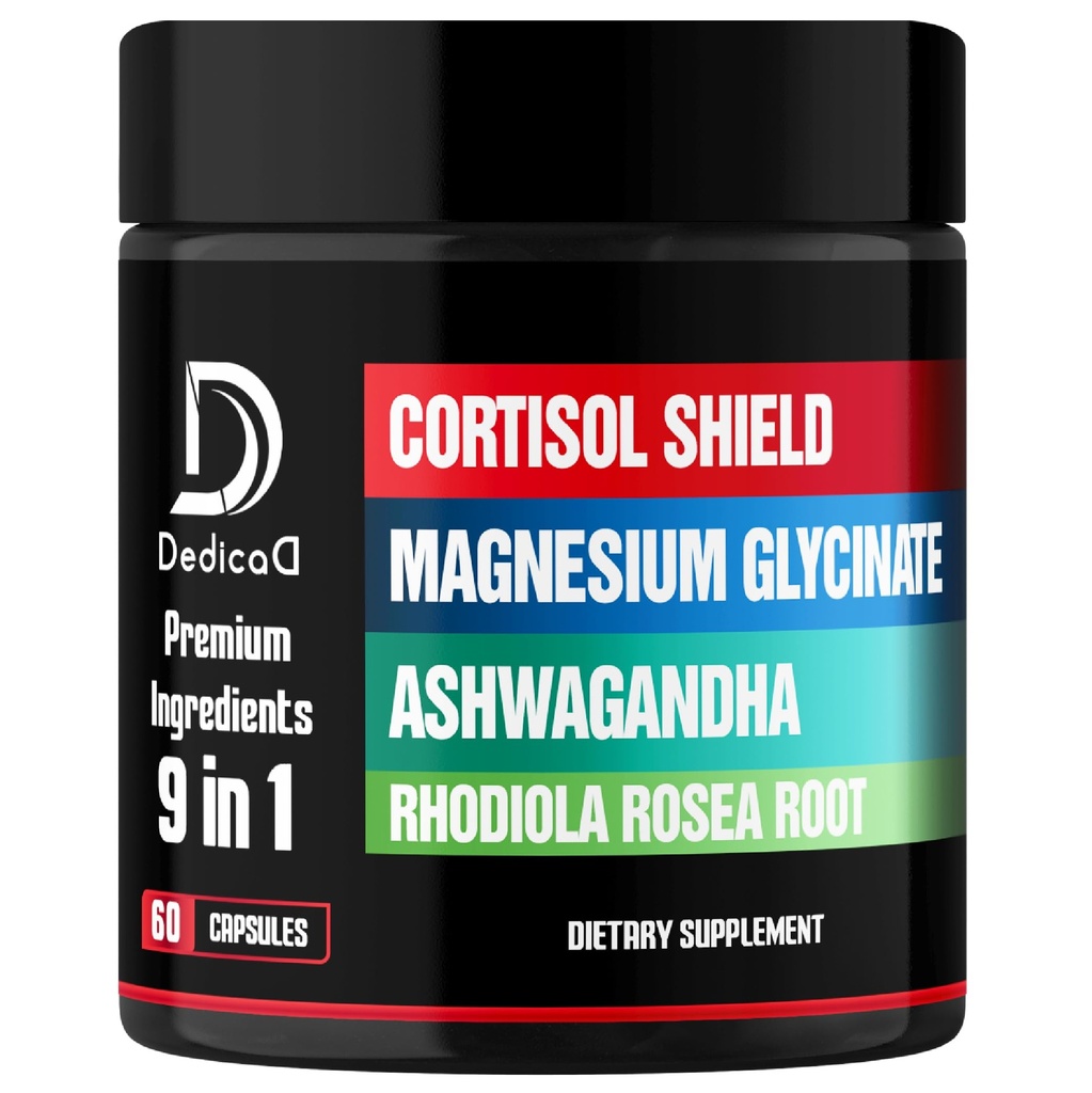9in1 ščit kortizol - Magnezij Glycinate & Ashwagandha z Rhodiola, Fosfatidilserin, Pasijon Cvet, L-Theanin, Apigenin, Likorice, Magnolia - Počitek Dobro & Mood Balance - 60 Count