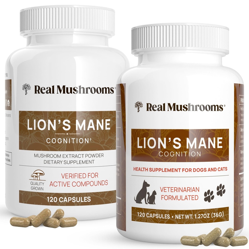 Prave gobe Lions Mane za ljudi (120ct) in hišne živali (120ct) - paket za Cognition & Immuniteta - Veganski, Ne-GMO, Gluten-free, Grain-free gobe extract dodatki