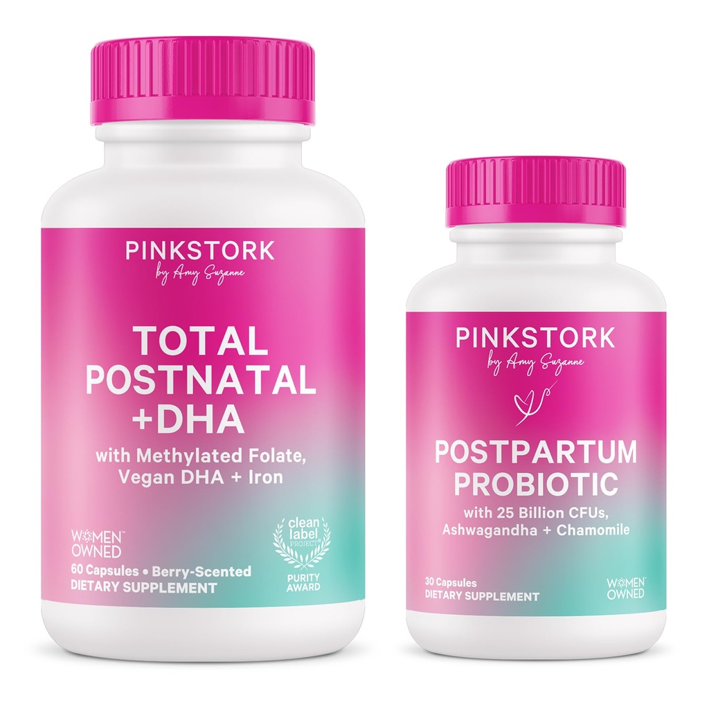 Pink Stork Postnatal Multivitaminski + probiotiki z Veganom DHA, Ashwagandha, železo, Folat, B12 - Podpira Hormonsko ravnovesje, okrevanje po porodu, Gut zdravje, & Prebava - Pakiranje 2
