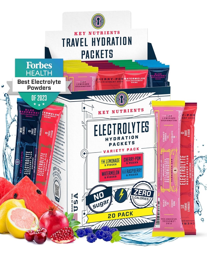 KLJUČNI HRANILCI Elektroliti v prahu Pakiranje brez sladkorja - 4 Okusne arome v Hydration Packets 20 Pack - Brez kalorij, brez glutena Elektroliti v prahu Packets - Keto prijazno, Non GSO, Izdelano v ZDA