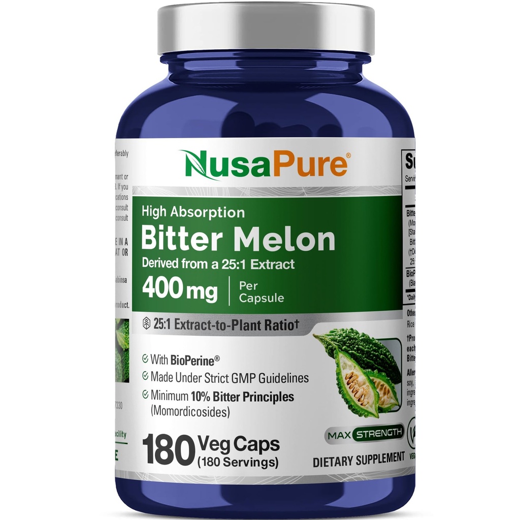 NusaPure Bitter Melon Extract 10.000 mg 180 Veganske kapice (100% vegetarijanska, ne-GMO, Gluten-free, 10% grenka načela) Bioperine