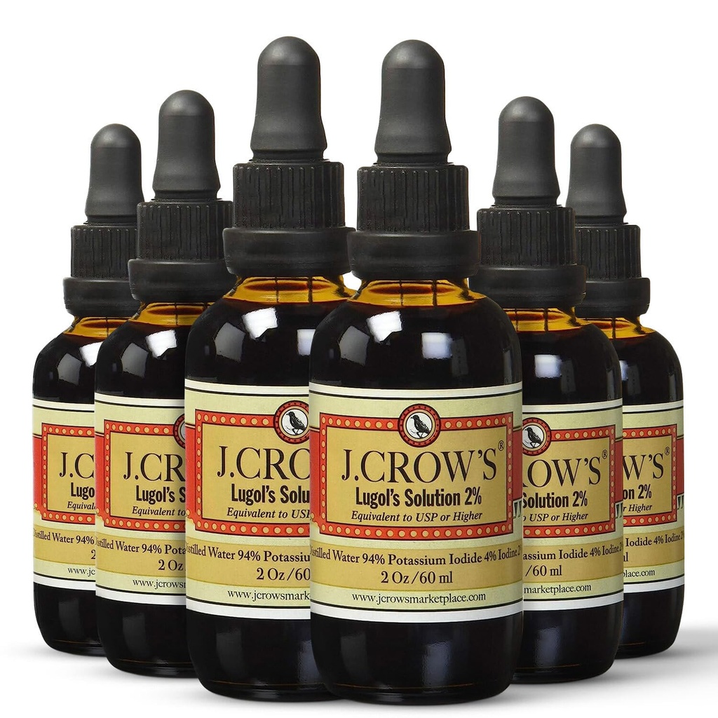 J.CROW'S® Lugol's Solution of Jodine 2% 2 oz (6 steklenic) – Premium Jodine & Kalijev jodid Tekočina, Gluten &, izvleček naravne Brine brez alkohola, brez iztekanja