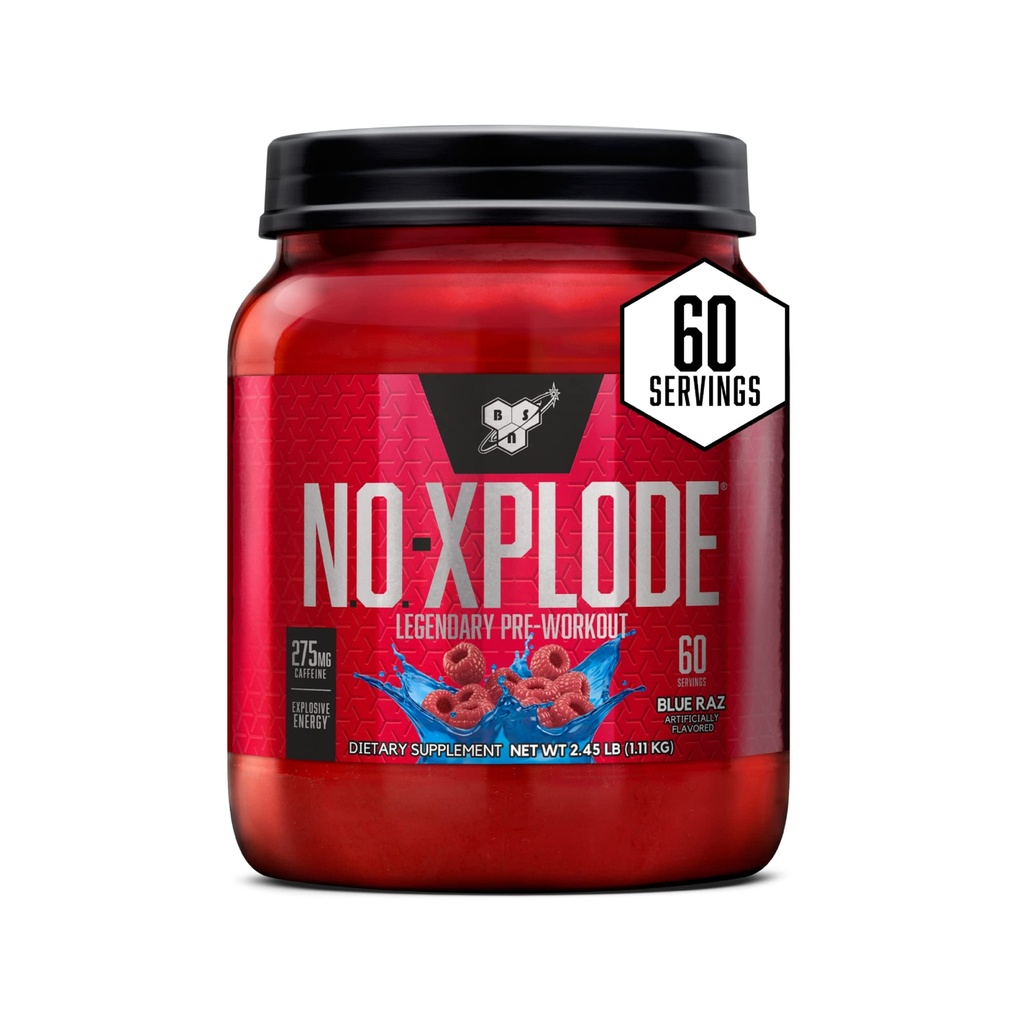 BSN N.O.-XPLODE Pred vadbo v prahu, energijska dopolnila za moške in ženske s kreatinom in beta-alanin, aroma: Blue Raz, 60 Serving