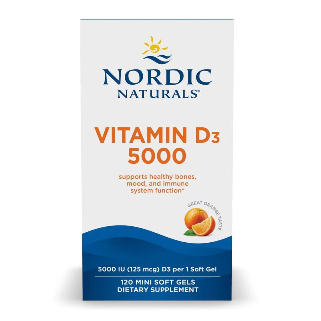 Nordic Naturals Vitamin D3 5000, Orange - 120 Mini Soft Gels - 5000 i.e. Vitamin D3 - Podpira zdrave kosti, Mood & Imunski sistem funkcijo - Non-GMO - 120 Servings