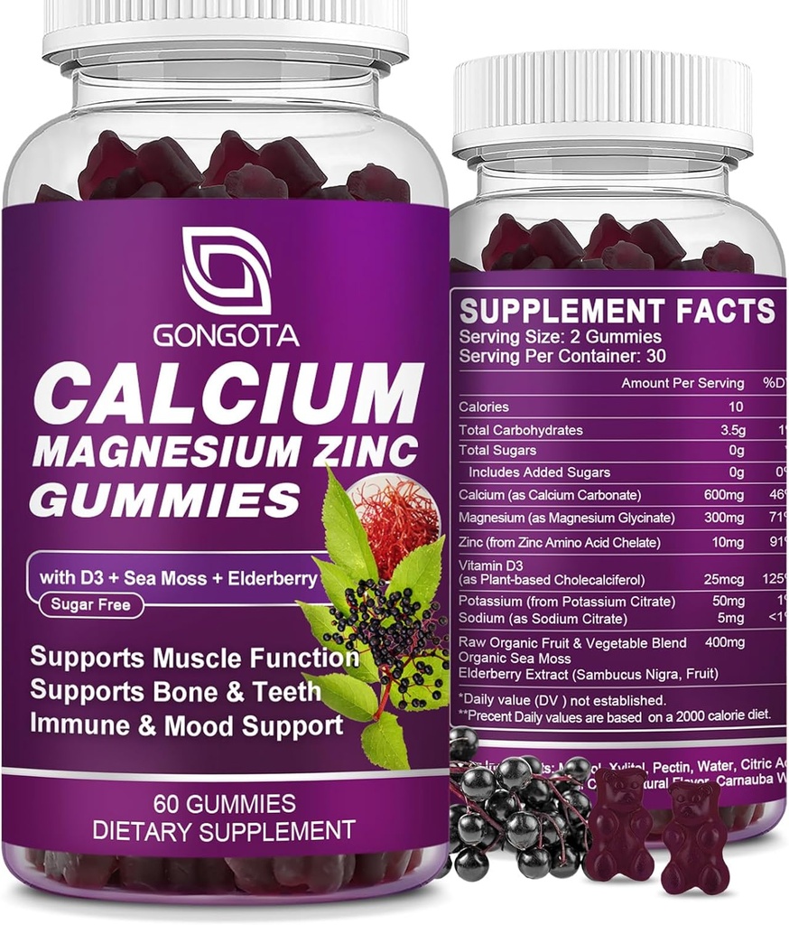 Kalcij Magnezijev cink z vitaminom D3 dopolnilo, zelo absorbent kalcijevi gumiji s 300mg magnezijev glicinat podpora kosti & zob, mišice za odrasle in najstnike,Sugar brezplačno, Vegan - 60 število