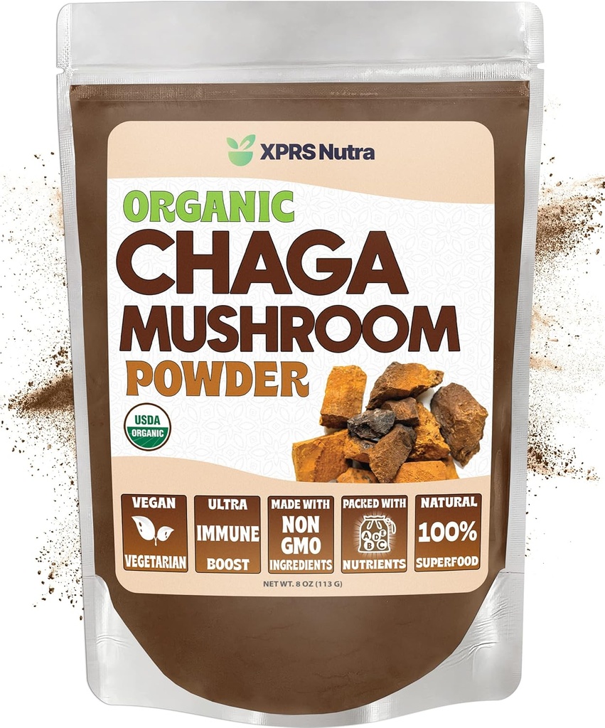XPRS Nutra Ekološka Chaga goba v prahu - Premium USDA Organska Chaga goba v prahu - Chaga v prahu podpira Imunsko zdravje - Veganska prijazna superhrana za Chaga čaj in pijače (8 oz)