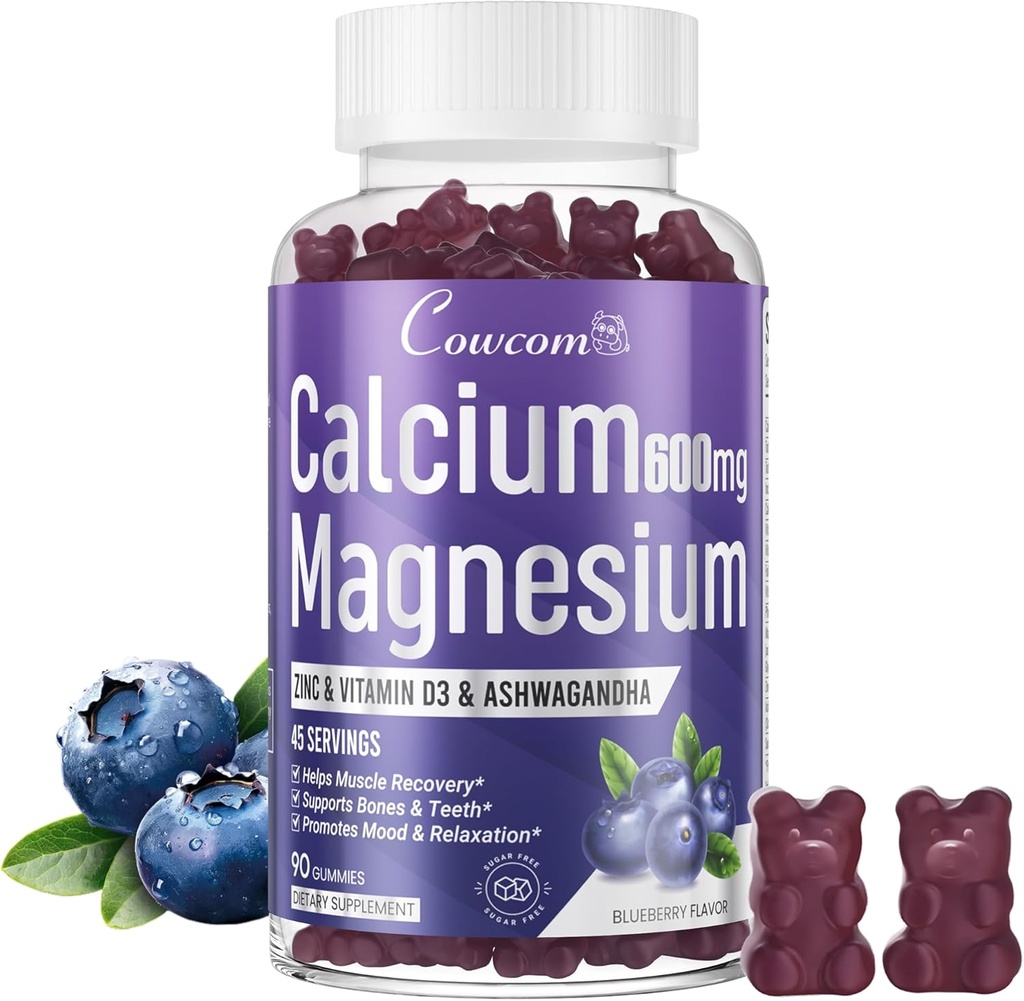 Kalcij Magnezijev cink Gumiji in vitamin D3,B6,B12,Imune in podpora zdravje kosti Kalcij Magnezij Dopolnilo za ženske Moški,Sugar-free Vegan borovnice arome 90 grofov