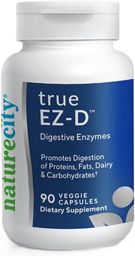 NatureCity True-EZ-D Non-GMO Prebavni encim kompleks dopolnilo za prebavno zdravje in napihnjenost za moške in ženske (90 Veggie kapsule) Super encimi