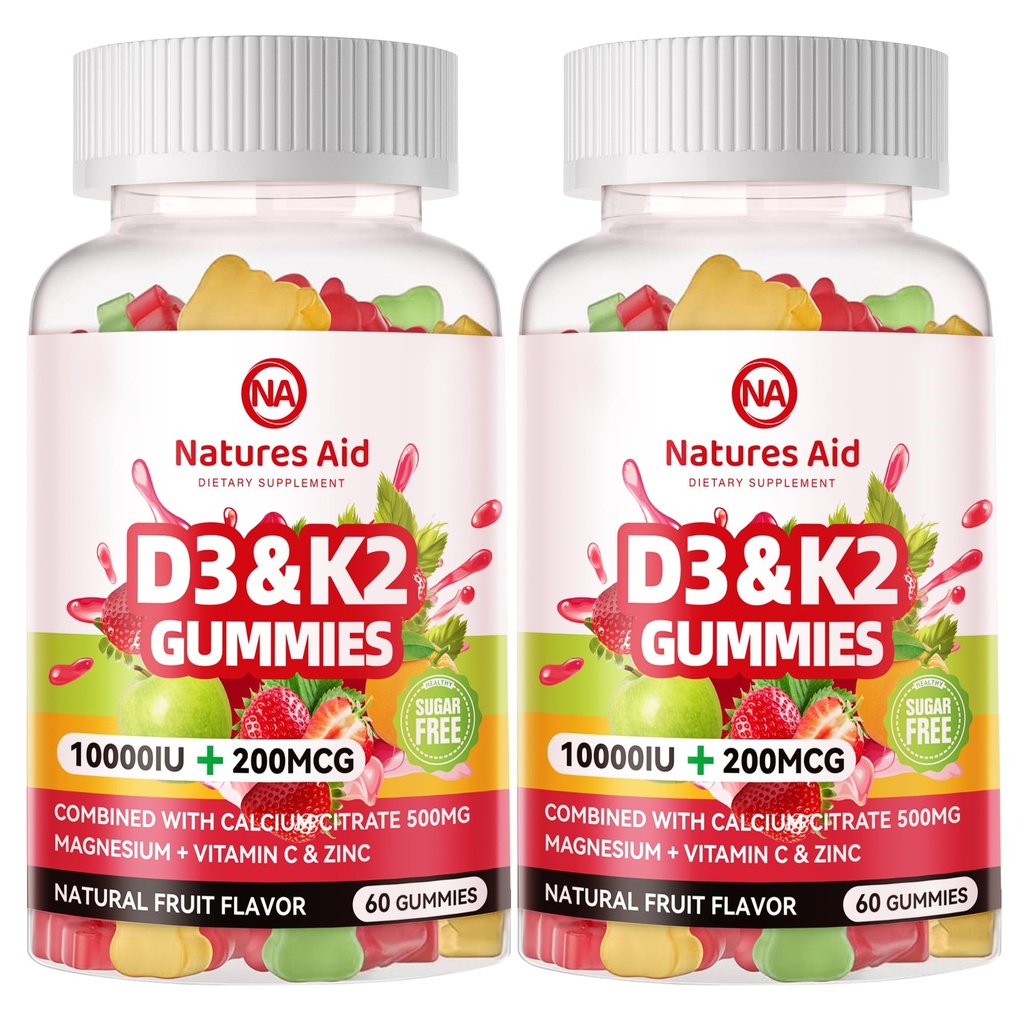 Narava Aid Vitamin brez sladkorja D3 K2 Gumiji s kalcijom + K2 (MK-7), magnezijev citrat, vitamin C, ekstra moč - absorpcija za kostne mišice Imune, Vegan - 120 Gumijev