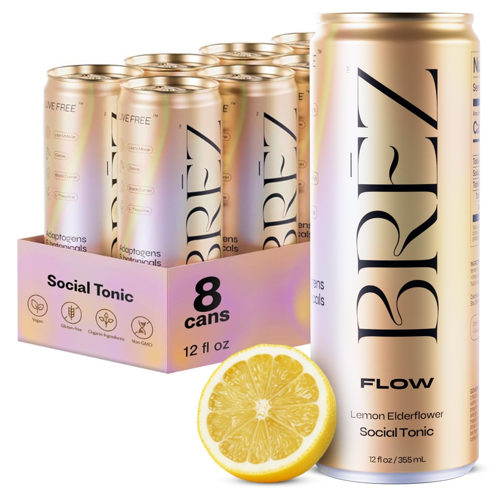BREZ CVET Levji grivasti gobji napitek, 8-Pack, neinfundiran, Adaptogeni, Reliefing, Uplifting, and Social, Sparkling Lemon Elderflower Tonic 12 Fl oz