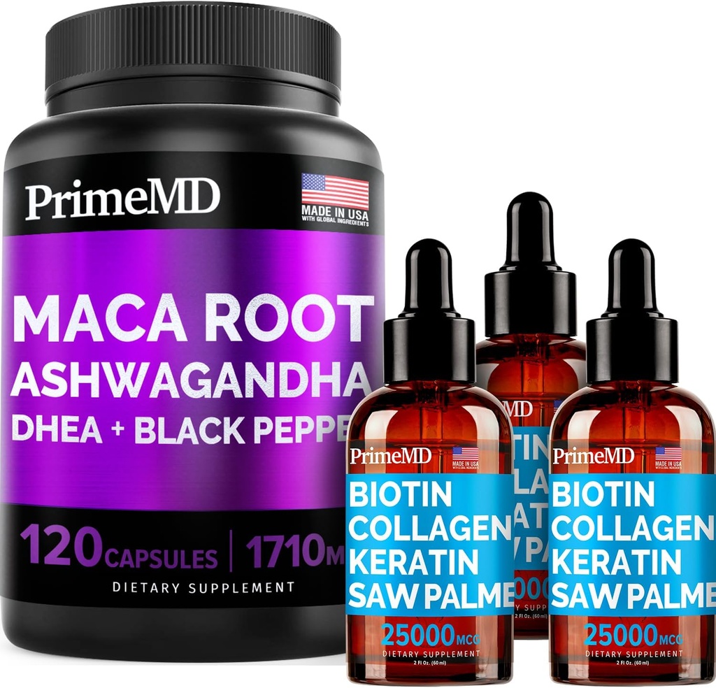 4-v-1 tekoči biotin kolagen keratin žaga Palmetto kapljice (2 fl oz - 3 Pack) & 6-v-1 Maca Root Ashwagandha w Črni poper sadje (120ct) strnad - lasje, koža, nohti, Energija & Mood dodatek
