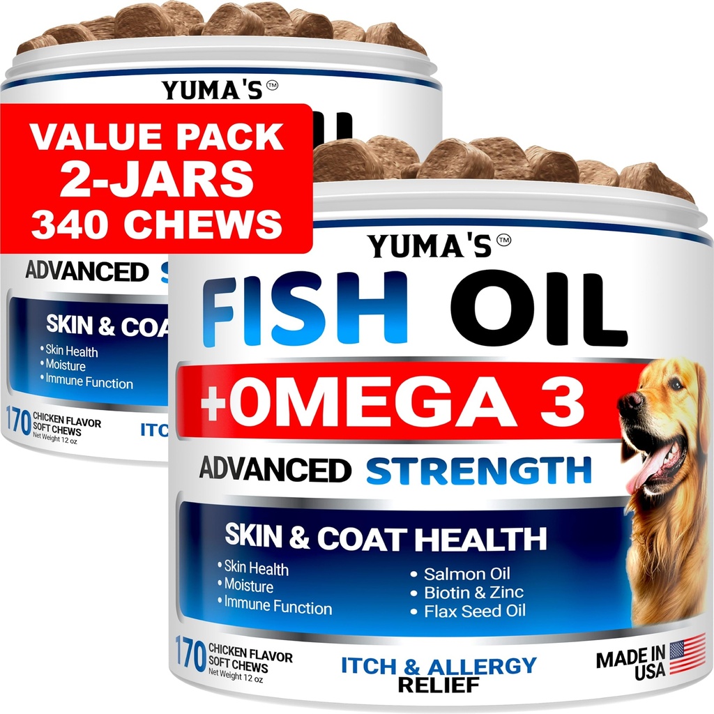(2 pakiranji) Omega 3 Ribje olje za pse - 170 žvečil - dopolnilo za kožo in plašč - Omega 3 za pse - zdravljenje suhe in srbeče kože - Alergija Podpora za zdravljenje psov - Salmon - piščančja aroma