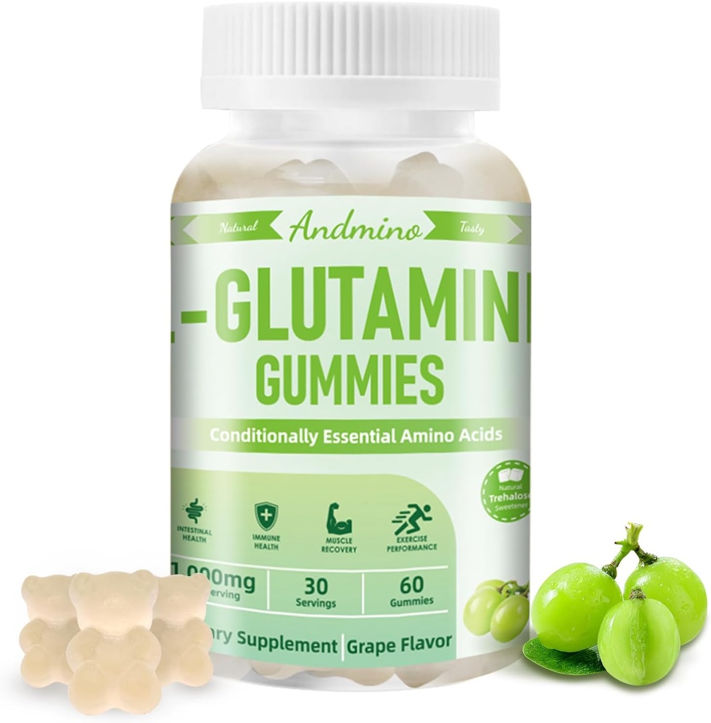 L-glutamin Gumies 1000 mg, s Trehalozo, L-glutamin dodatek podpora črevesje, povečanje imunskega in mišičnega zdravja, za odrasle in otroke, ne-GMO, Vegan, Gluten prost, grozdni okus, 60