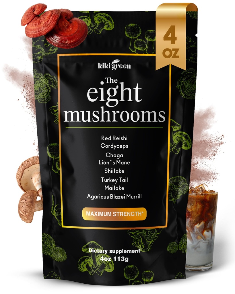 KIKI Green 8 gob v prahu ekstrakt - 4 oz Adaptogen kompleks za kavo in smoothies - Levja griva, Chaga, Reishi, Cordyceps, Maitake, Shiitake - Fokus in energija