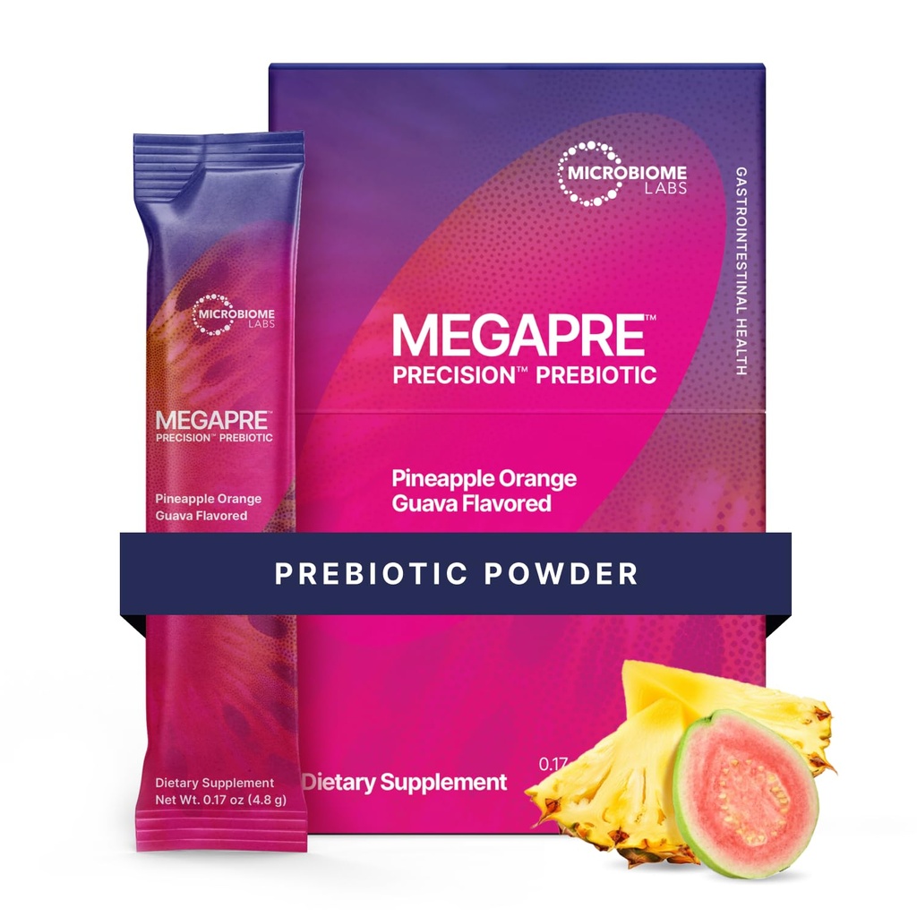 Microbiome Labs MegaPre Prebiotic Fiber Powder za ženske, moške in otroke - Pre-dosed Prebiotic Fiber Supplement Powder s klinično testiranimi oligosaharidi - Ananas Orange Guava (30 pivski paketi)