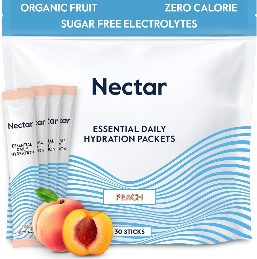 Nectar Hydration Packets – Elektrolitski paketi v prahu – brez sladkorja in 0 kalorij – tekoče ekološko sadje dnevno IV Elektroliti v prahu za dehidracijo in hitro rehidracijo (Peach 30 Pack)