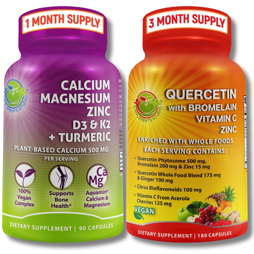 DOPOLNILNI STUDIO Quercetin z bromelainom, vitaminom C in cinkom + na rastlinah osnovani kalcij, magnezij, D3, K2 in kurkuma – 100% Veganska dopolnila za podporo Imuni in kosti