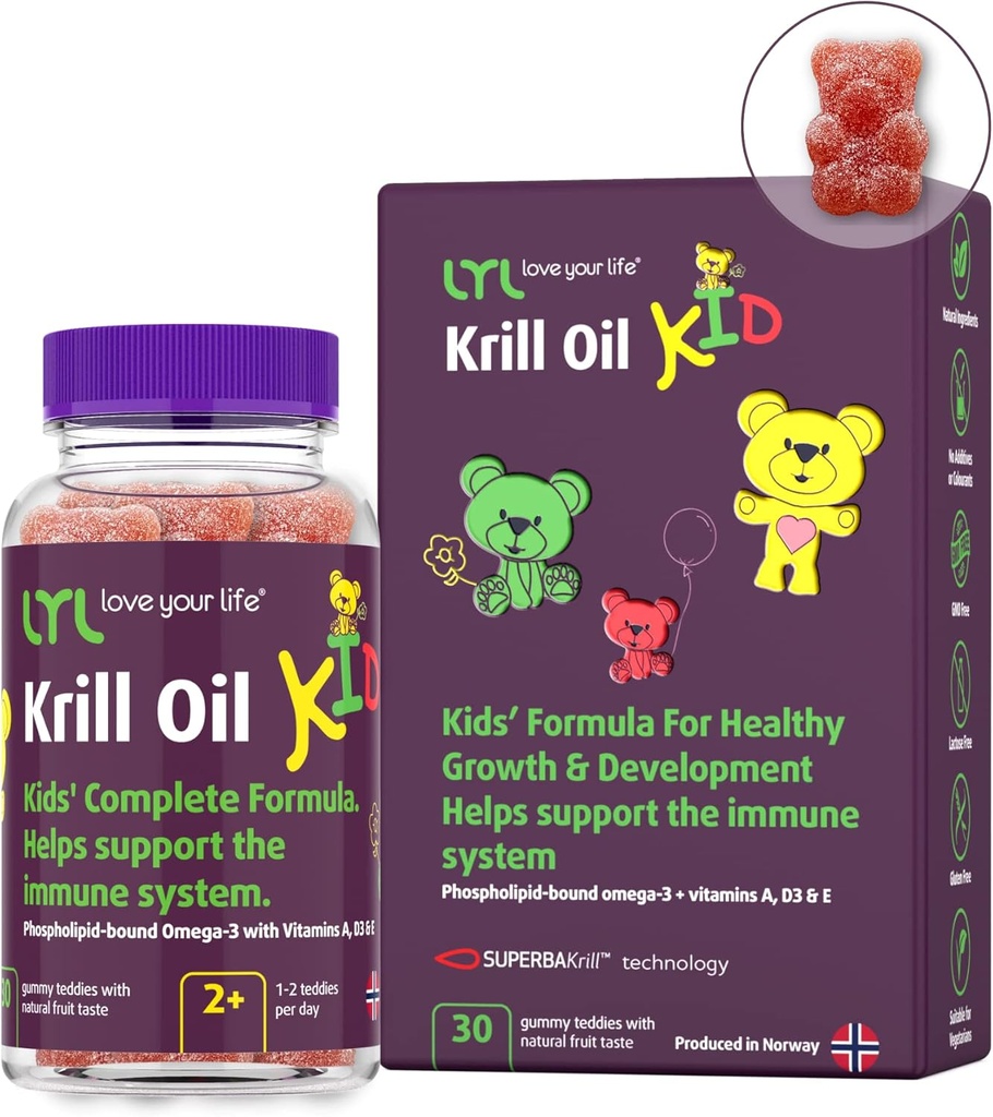 LYL Krill olje Kid Gummy medvedi z vitaminom D 3, vitamin E in vitamin A - fosfolipid-Bound Omega 3 za zdravo rast in razvoj - Gummy medvedi z pomarančo, jabolko in maline Okus (Pack of 30)
