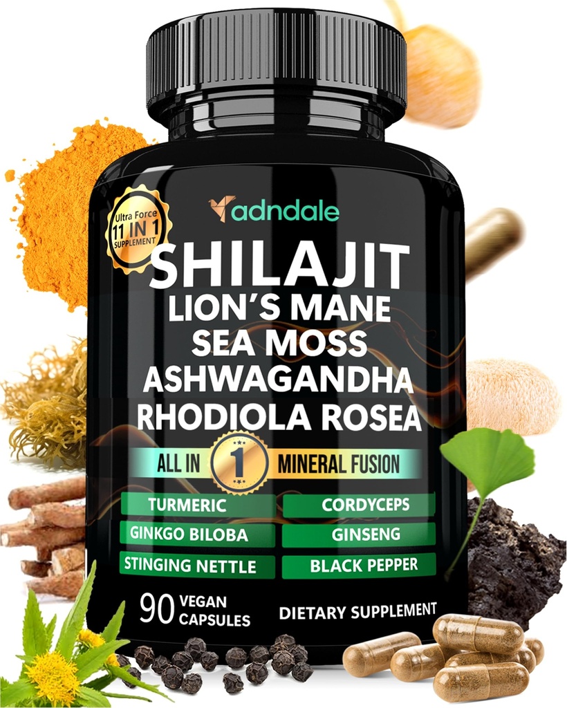 Adndale Shilajit Supplement. Čisti himalajski organski šilajit za moške in ženske kapsule z morsko moss Ashwagandha Rhodiola Rosea Levje Mane. 90 grof