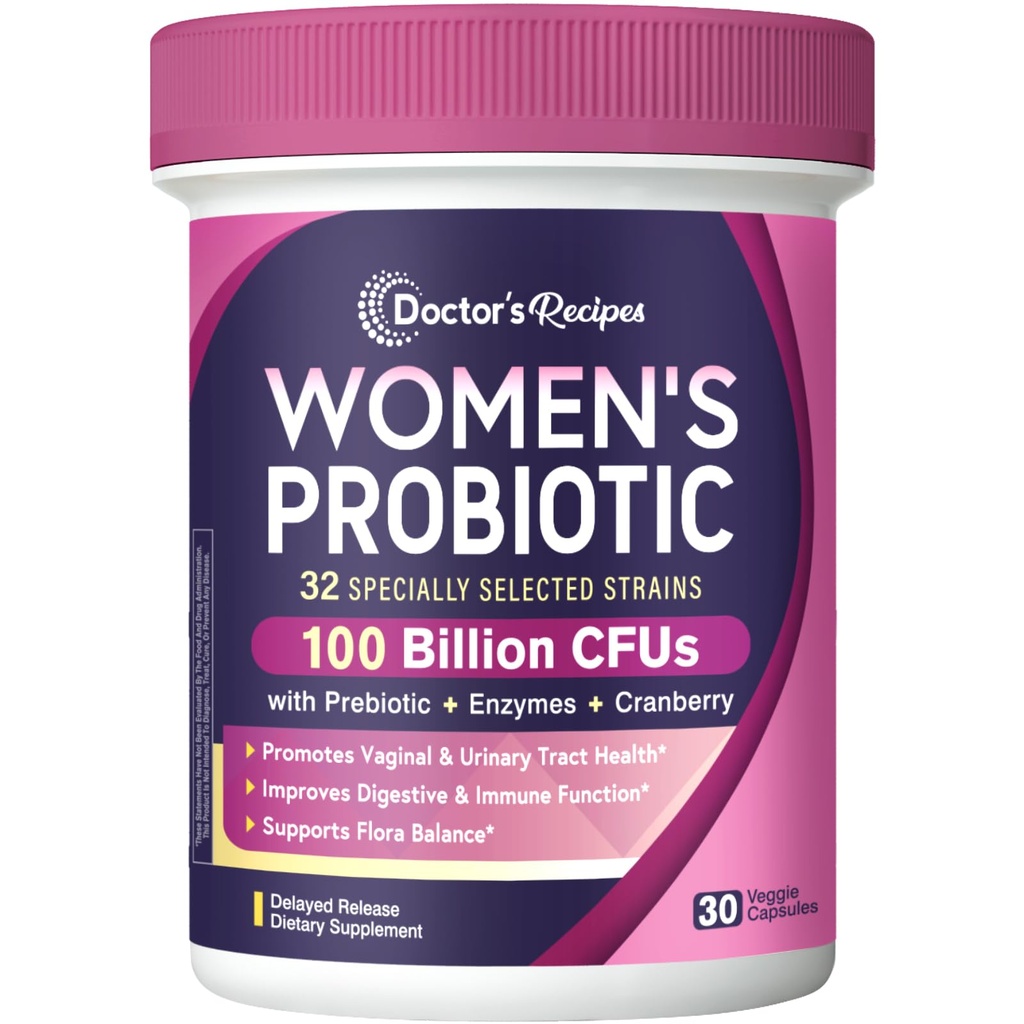 Zdravnikovi recepti Probiotiki za ženske, 100 milijard CFU 32 sevi, s Prebiotic Fiber, Enzymes & Cranberry, Vaginalne urina Digestive & Imune, No Yeast, Rokavice Stable, Zakasnjen izpust, 30 Caps