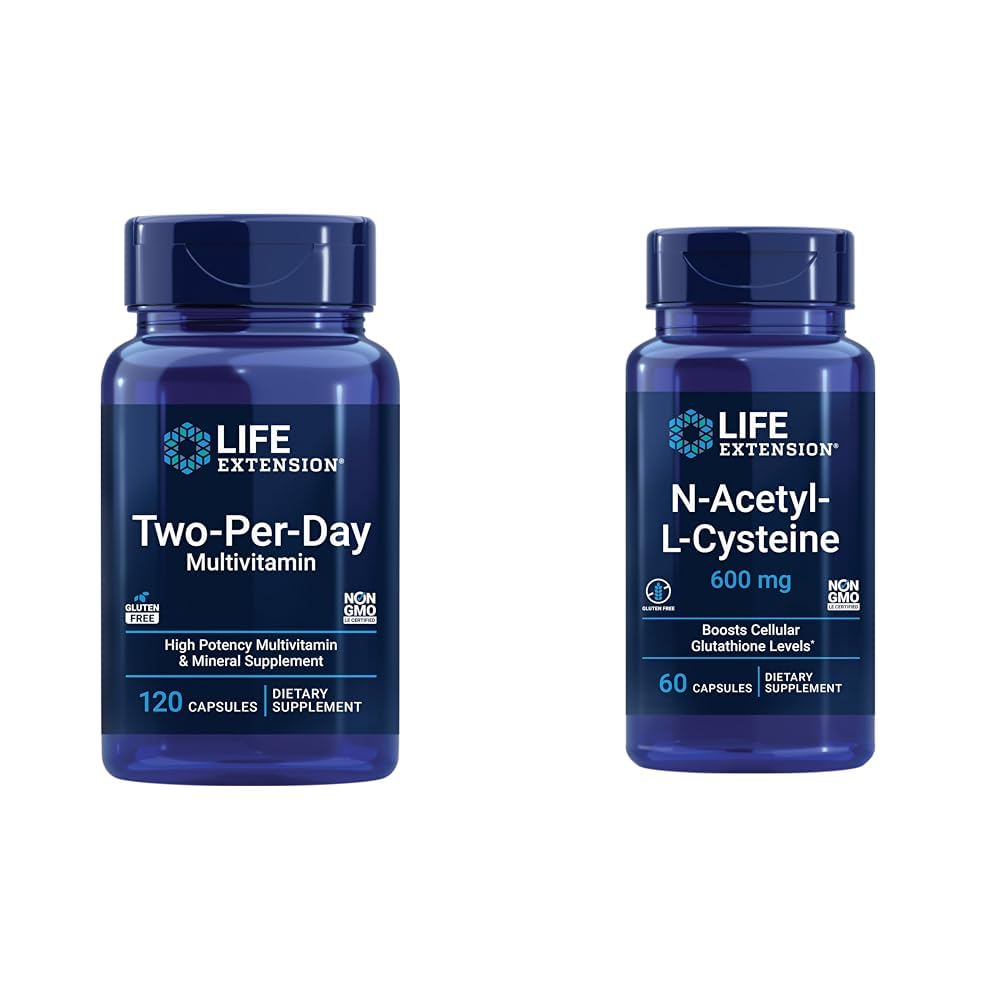 Life Extension Two-per-Day multivitamin, vitamini B, C, D, cink, 25 Vitamini, Minerali in ekstrakti, 120 kapsule paket z N-acetil-L-Cystein (NAC) 600 mg, 60 kapsule