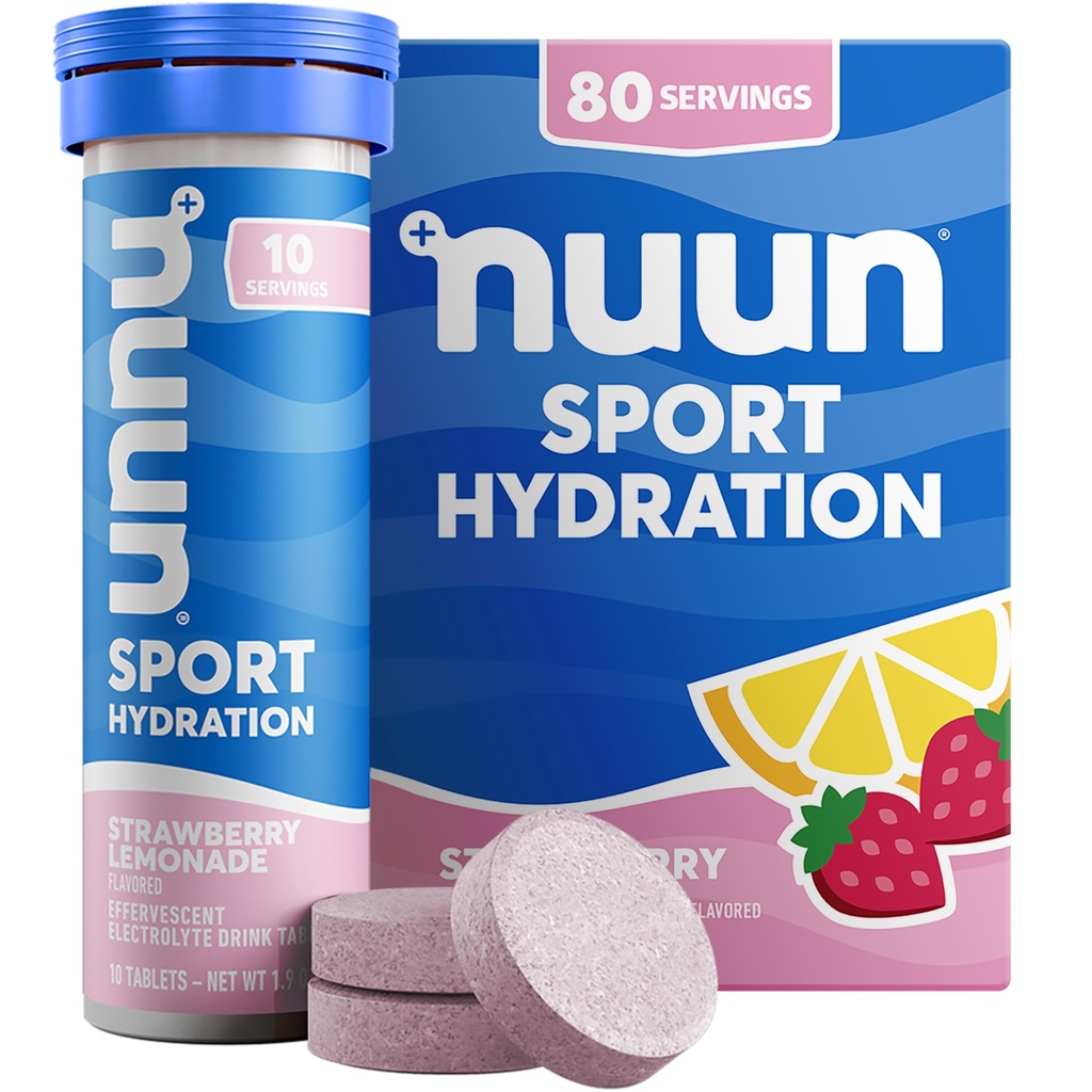 Nuun Sport Elektrolitske tablete z magnezijem, kalcijom, kalijem, kloridom in natrijem, brez glutena in veganom, jagodna limonada, 8 pakiranj (80 skupaj)