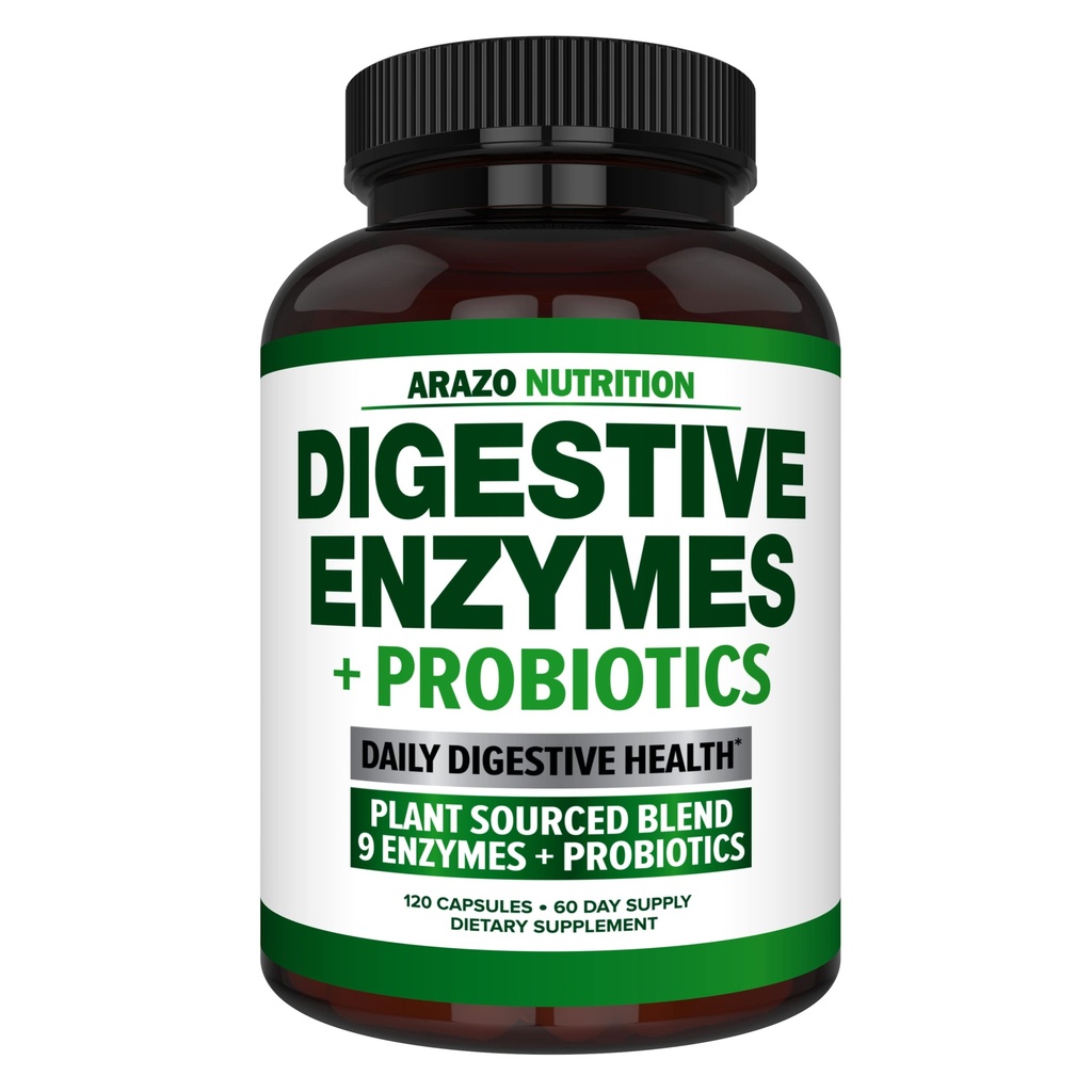 Prebavne encime s probiotiki - Multi Enzyme Nutritional Supplement - Acidophilus Bromelain Papaya Papain Lipaza & Lactase - Izboljšajte prebavo - 120 Tablete - Arazo Nutrition