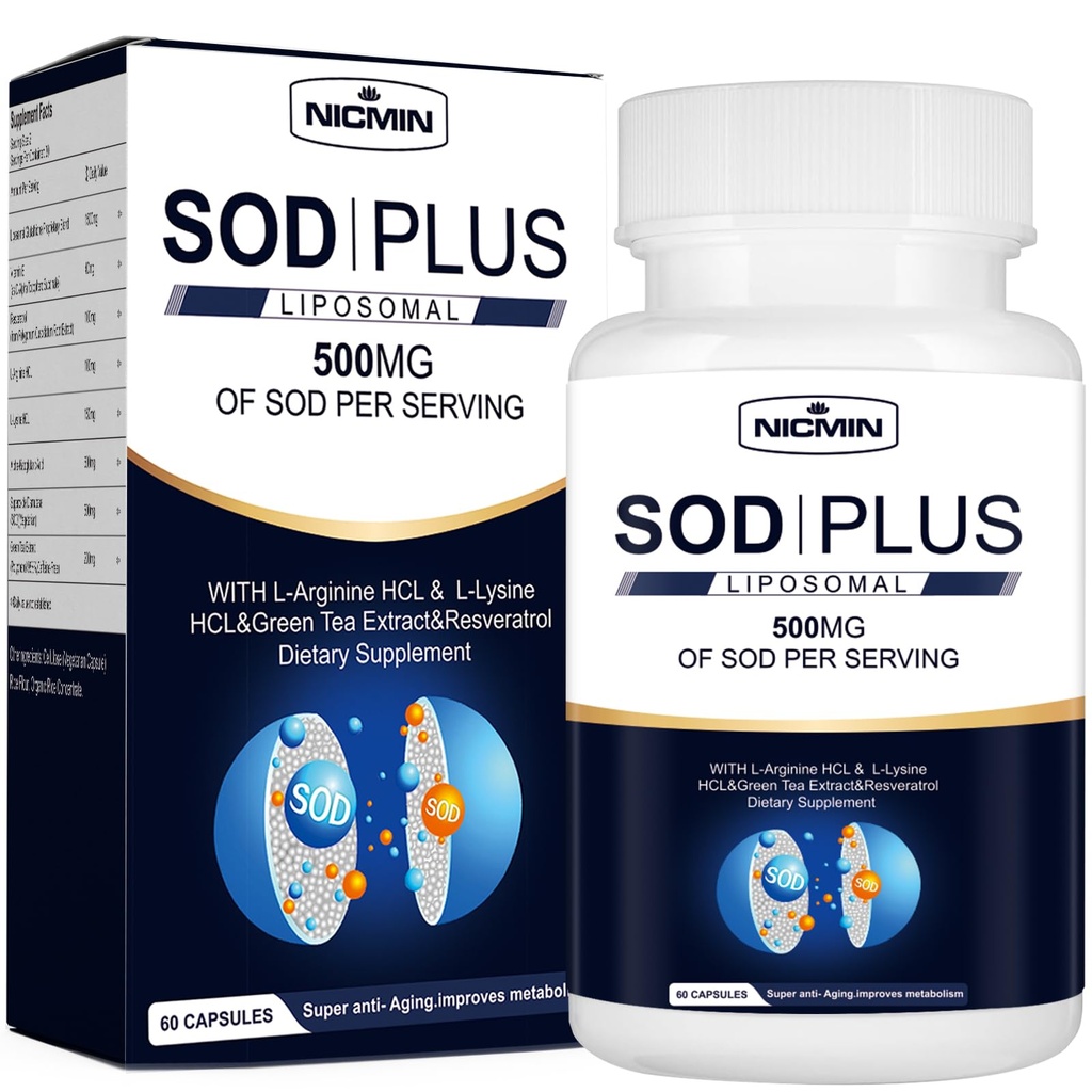 Superoksid dismutaza dodatek 500mg - SOD Plus z liposomskim glutationom, AKG, ekstraktom zelenega čaja, L-argininom, lizinom, resveratrolom in vitaminom E za imuno podporo, antioksidant 60 kapsul