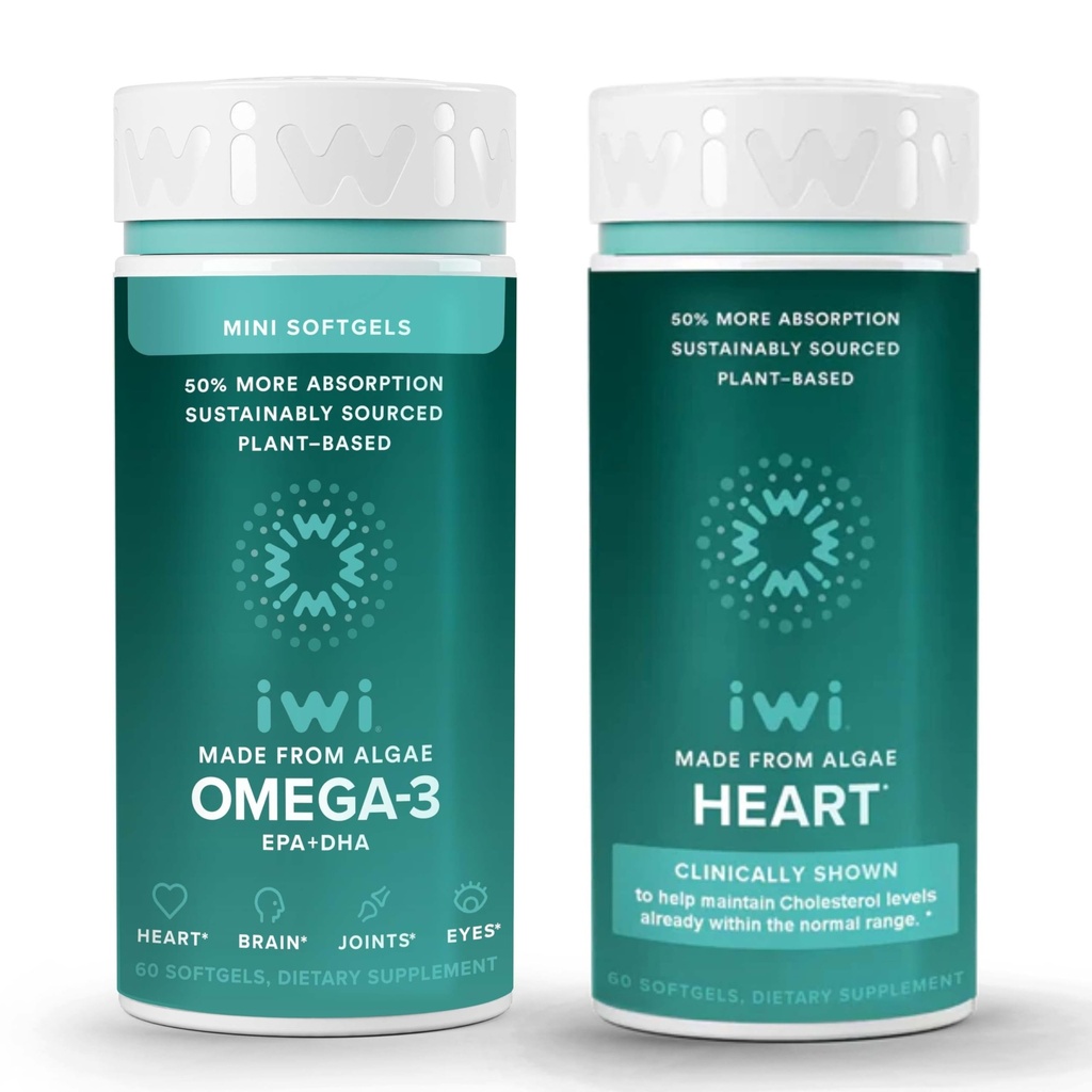 Iwi Omega-3 Minis & Heart Omega-3 Bundle, 30 Servings, Veganska rastlinska osnova Algae Omega 3, Krill & Fish Oil Alternative, Brez ribjega pookusa