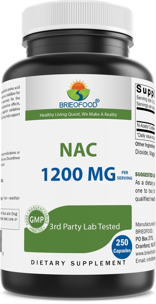 Brieofood NAC Supplement N-acetil Cystein 1200 mg na odmerek 250 kapsul – Imunska podpora