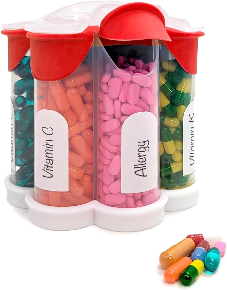 Ekstra velike tablete Organizator dnevno, Tedensko, Mesečna dopolnila steklenica, Cute Blossom tablete Dispenser s 7 XL predelki, enostavno odprta tablete škatla za vitamine, zdravila, oznake vključeni (rdeče)