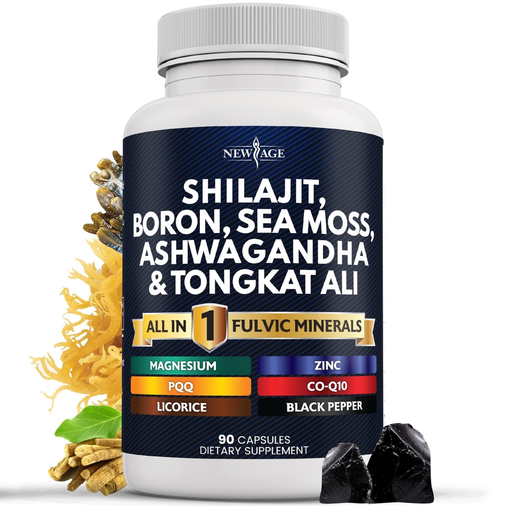 NOVA AGE Shilajit dodatek z Sea Moss, Ashwagandha, Tongkat Ali, Boron, Magnezij - Fulvic Acid kapsule za moške - 90 Count