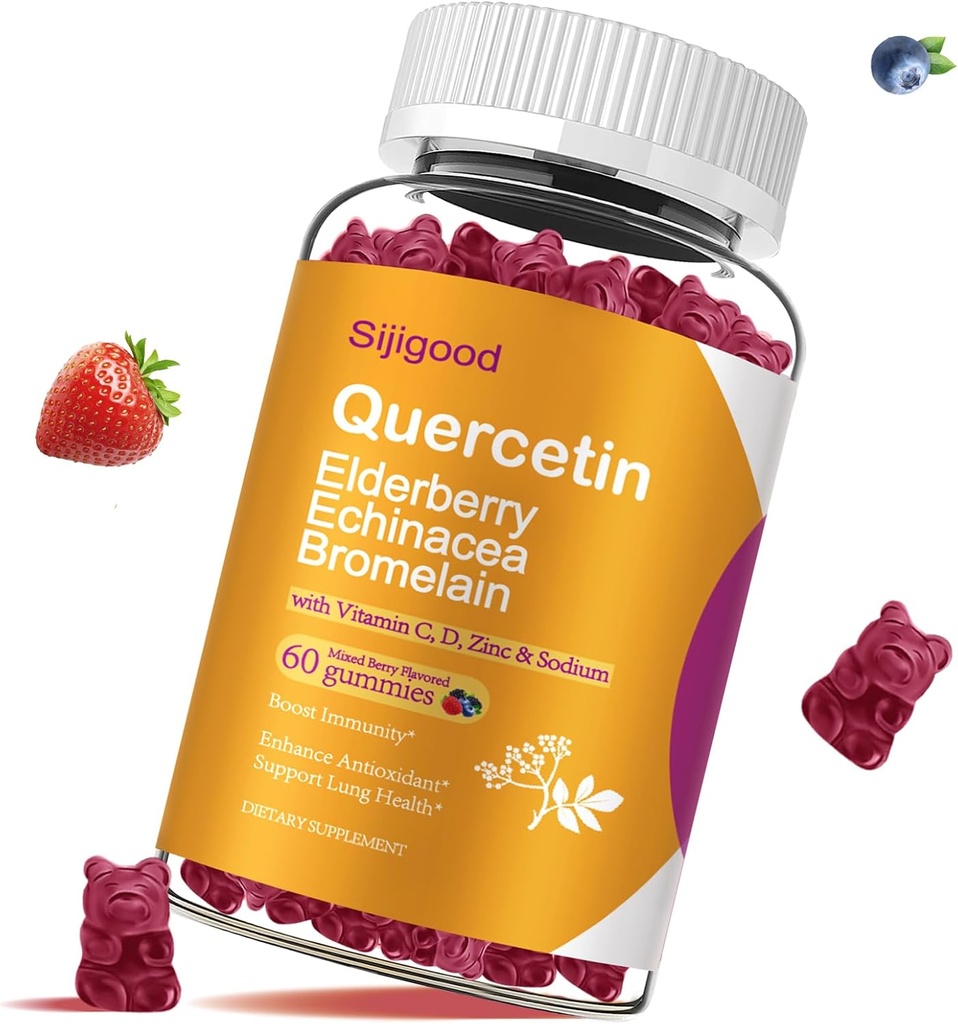 Quercetin Gumies z bromelainom, Elderberry, Echinacea, Vitamin C D cink - Imunski sistem Podpora 60 Counts Pure Quercetin Gumies za otroke in odrasle