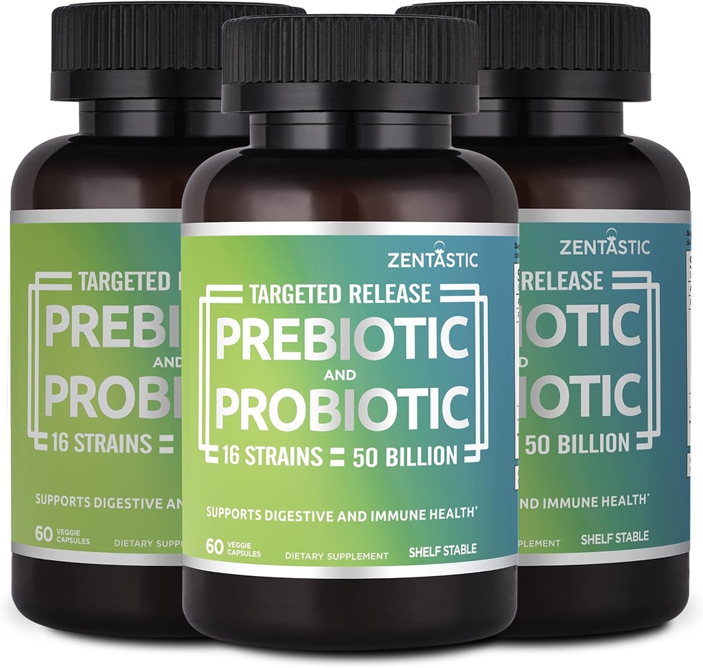 Zentastic Probiotics & Prebiotics Supplement - 50 milijard CFU - za moške in ženske Imunsko in prebavno zdravje - 16 sevi - povoj Stable - 180 Zapoznelo sproščanje Veggie kapsule